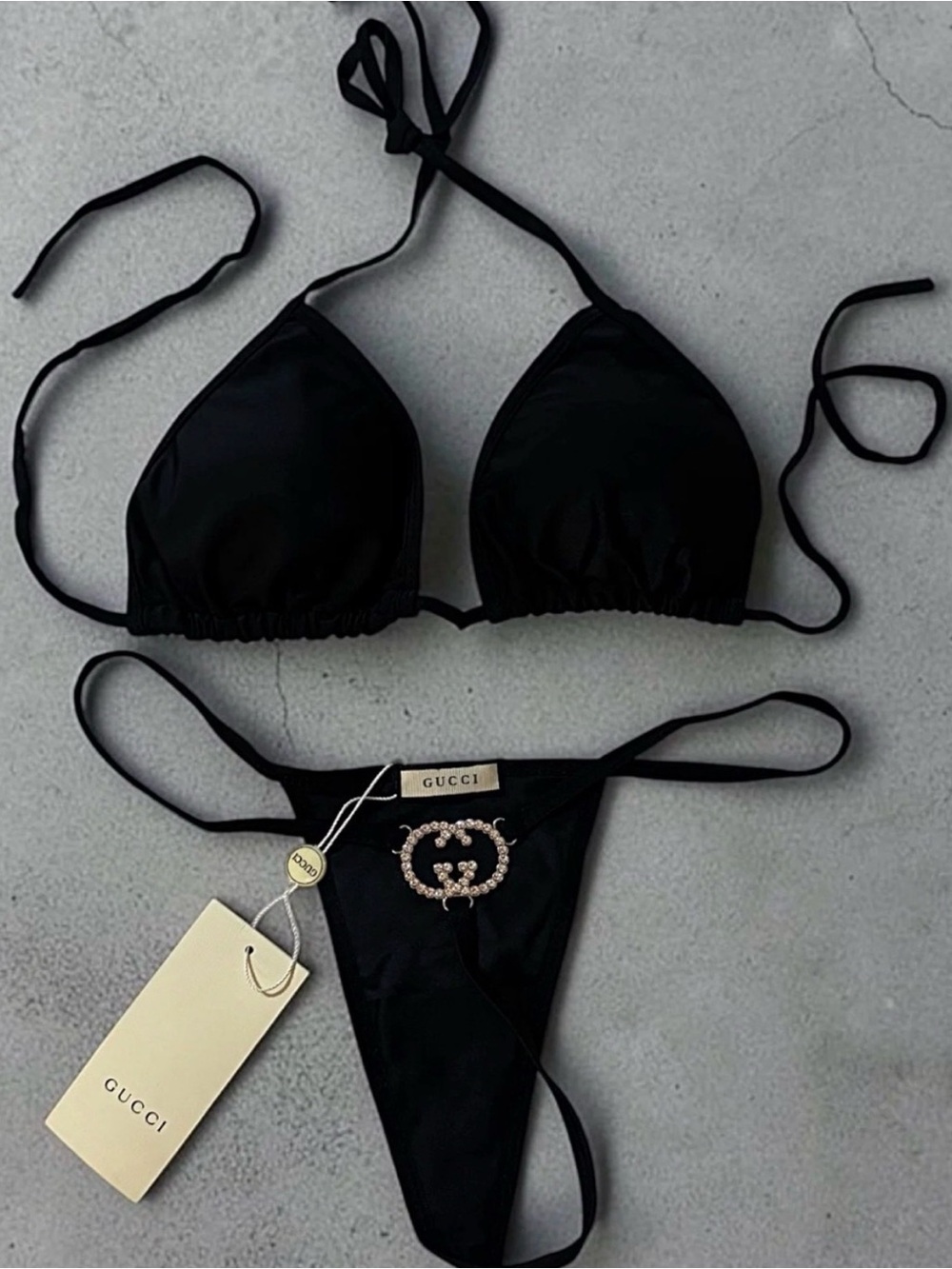 Gucci Black Triangle String Bikini with Crystal Double G